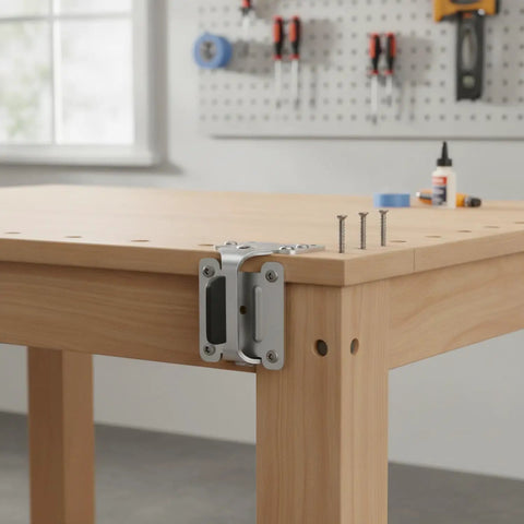 Self Locking Folding Table Hinge For Workbenches And Drop Leaf Tables With 90 Degree Auto Lock mounted on a wooden table corner