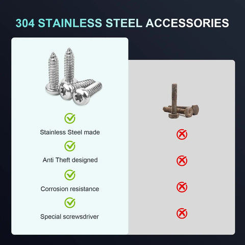 Comparison of stainless steel screws with old rusted screws, highlighting stainless steel benefits for Mercedes-Benz Rear License Plate Bracket Frame Mount Kit For 2008-2025 Cars And SUVs Replaces OEM 1698170211 And A0008101711 Fits Standard 12x6 Inch Plates Keeps Registration Tags Visible No-Fuss Bolt-On Install.