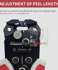 Close-up of Automatic Wire Stripper Pliers With Self-Adjusting 3-In-1 Function showing adjustment of peel length feature.