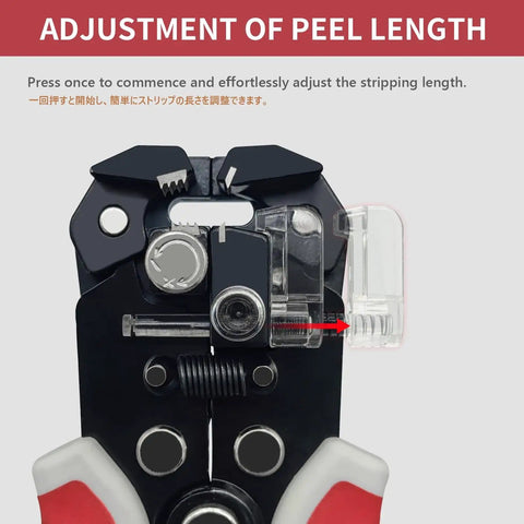 Close-up of Automatic Wire Stripper Pliers With Self-Adjusting 3-In-1 Function showing adjustment of peel length feature.