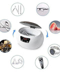 Heavy Duty 600ml Ultrasonic Cleaner With Digital Timer For Jewelry Glasses And Tools, showing various items like tools and jewelry.