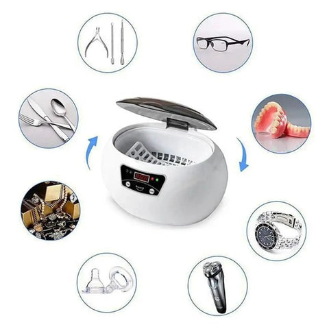 Heavy Duty 600ml Ultrasonic Cleaner With Digital Timer For Jewelry Glasses And Tools, showing various items like tools and jewelry.
