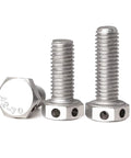 Front view of four 304 stainless steel M12 hex head bolts with through holes for safety wire