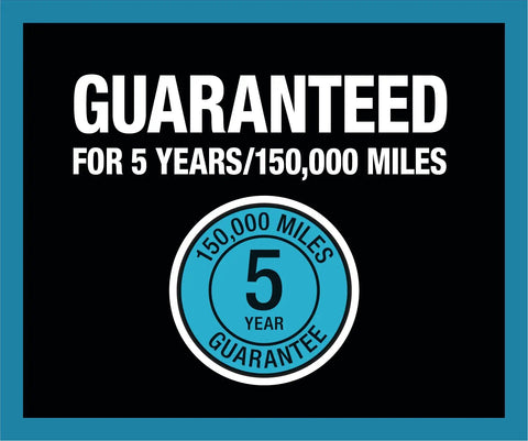 Guaranteed for 5 years/150,000 miles graphic with blue and black background and circular emblem.