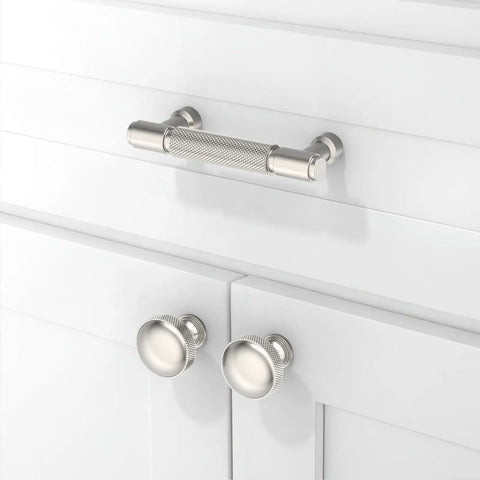 Knurled Satin Nickel Cabinet Pulls 4 Inch 102mm, 10 Pack, mounted on white cabinet, brushed finish, modern design