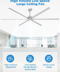 No Sweat 120 Inch HVLS Ceiling Fan For Shops And Gyms, large silver fan with aluminum blades in modern spacious room.