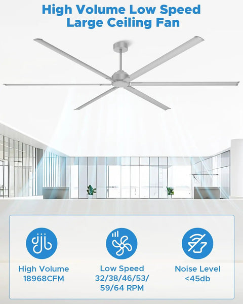 No Sweat 120 Inch HVLS Ceiling Fan For Shops And Gyms, large silver fan with aluminum blades in modern spacious room.