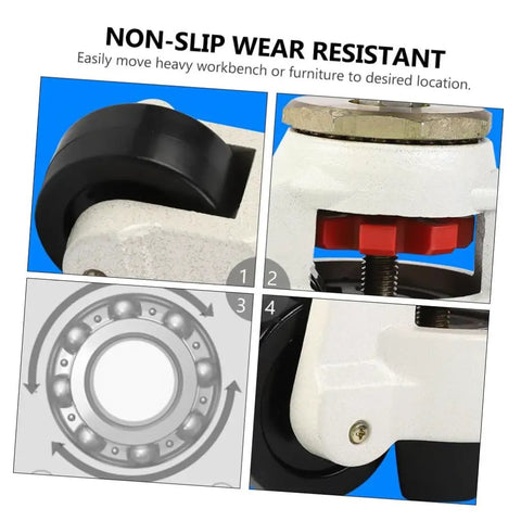 Set Of 4 Heavy Duty Workbench Caster Wheels With Leveling Feet 500kg Capacity Swivel Transport Casters For Industrial Equipment Non Slip Wear Resistant Stable And Easy To Maneuver close-up of black nylon wheel and leveling foot