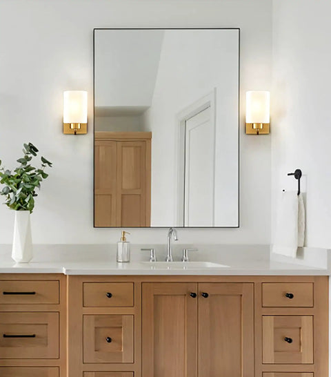 Modern Gold Wall Sconce Vanity Light With Milky White Glass Shade Set Of 2 Flanking Bathroom Mirror