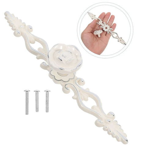 Vintage European Zinc Alloy Cabinet Handle With Floral Decorative Door Pulls For Dresser And Drawer, Chrome Ivory Finish in hand