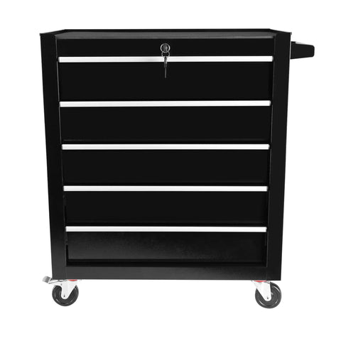 Five Drawer Rolling Tool Chest On Wheels For Garage And Workshop Heavy Duty Steel Tool Cart With Lockable Drawers Tool Storage Cabinet Mobile Toolbox Organizer In Black Finish, front view