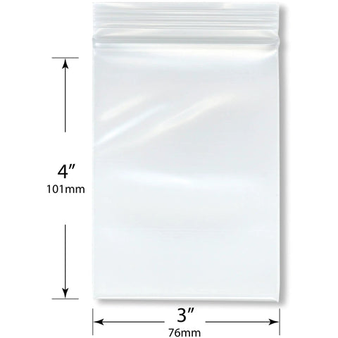 3x4 Inch Clear Zipper Reclosable Bags, 6 Mil Heavy Duty Storage Bags Pack Of 100, FDA Food Safe Transparent LDPE For Organization And Food Prep For Grab And Go Kitchen Or Office Storage, shown with size marks