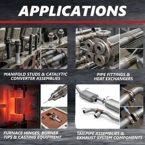 Applications of Nickel Anti Seize Paste 8 Oz Can Built For Heavy Duty Jobs With Graphite for manifold studs, pipe fittings, furnace hinges, tailpipes