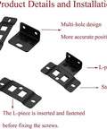 Image showing black multi-hole metal brackets from Heavy Duty L Shape Furniture Brackets Set for Cabinets Shelves Bookcases and Wardrobes Quick Fitting Corner Braces in White Steel Construction Built to Last No Fuss Easy Install 8 Pack.