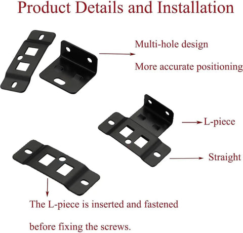 Image showing black multi-hole metal brackets from Heavy Duty L Shape Furniture Brackets Set for Cabinets Shelves Bookcases and Wardrobes Quick Fitting Corner Braces in White Steel Construction Built to Last No Fuss Easy Install 8 Pack.