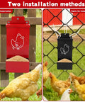 No Sweat Auto Fill Metal Chicken Grit Feeder Slick Oyster Shell Dispenser With Tight Lid showing red and black options with chicken feed.