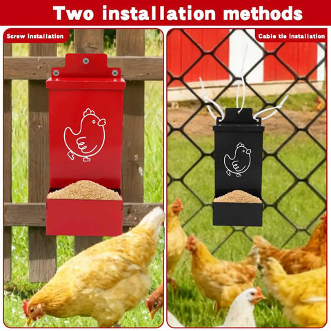 No Sweat Auto Fill Metal Chicken Grit Feeder Slick Oyster Shell Dispenser With Tight Lid showing red and black options with chicken feed.