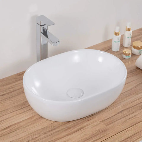 White Oval Vessel Sink for Countertop 19x14 Inch No Mounting Ring Required Easy Install No Fuss Above Counter Vanity Porcelain Ceramic Wash Basin