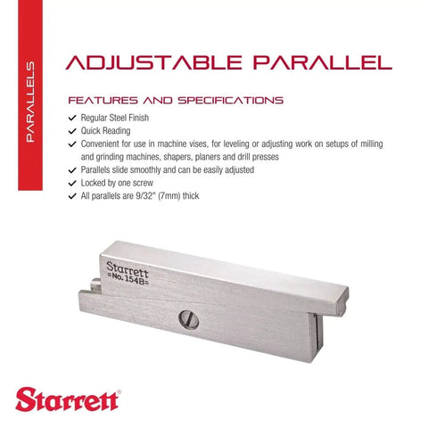 Beefy Heavy Duty Steel Adjustable Parallel with Quick Reading Finish for Layout Gaging and Inspection Work shown in packaging.