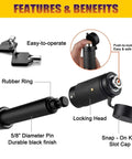 Close-up of hitch cover with locking head, snap-on key cap, and rubber ring, featuring parts labeled for custom photo/text cover.