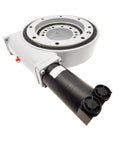 Heavy Duty Slewing Drive With Precision Worm Gear Reducer And Rock Solid Self Locking Turntable Bearings For Seamless Full Circle Rotation and Tight Industrial Performance, showing black motor and robust turntable.