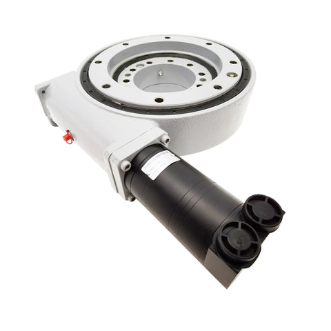 Heavy Duty Slewing Drive With Precision Worm Gear Reducer And Rock Solid Self Locking Turntable Bearings For Seamless Full Circle Rotation and Tight Industrial Performance, showing black motor and robust turntable.