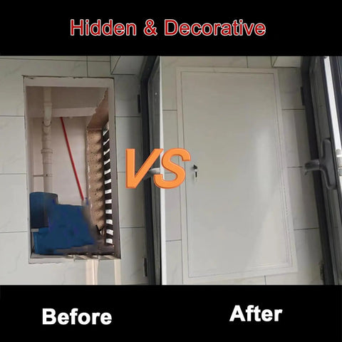 Before and after image of Heavy Duty Recessed Access Panel With Lock, Fire Rated Ceiling Hatch And Wall Inspection Door, 24X28 Aluminum Plate.