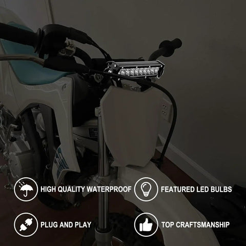 Universal 60W Motorcycle LED Light Bar Kit with on off switch mounted on dirt bike handlebars, focus on LED bar design.