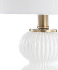 Ribbed Gourd Glass Table Lamp In White And Brass Gold Dope Modern Bedside Light With White Linen Drum Shade 20 Inch Tall LED Bulb Included
