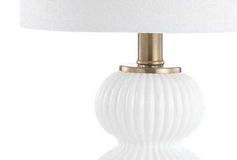 Ribbed Gourd Glass Table Lamp In White And Brass Gold Dope Modern Bedside Light With White Linen Drum Shade 20 Inch Tall LED Bulb Included