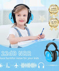 Kid friendly noise canceling headphones for autism ear protection with cushioned headband on child at desk, blue