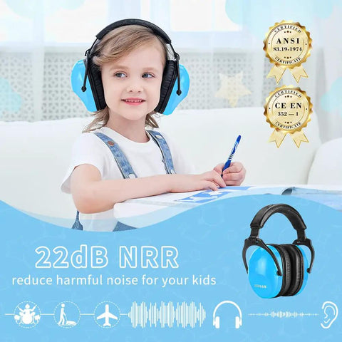 Kid friendly noise canceling headphones for autism ear protection with cushioned headband on child at desk, blue