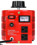 Top Shelf Single Phase Voltage Regulator Transformer With Smooth 0 To 130 Volt Adjustment And 20 Amp Capacity, red body, manual dial, US plugs for reliable power delivery.