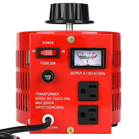 Top Shelf Single Phase Voltage Regulator Transformer With Smooth 0 To 130 Volt Adjustment And 20 Amp Capacity, red body, manual dial, US plugs for reliable power delivery.