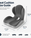 Seat cushion size guide showing dimensions 17.3in width, 15.7in depth, 14.6in height for Road Ready Memory Foam Seat Cushion For Tesla Cybertruck And Pickup Trucks With Ergonomic Lumbar Support Beat Back Fatigue Cruiser Booster Pad For Long Haul Trips And Office Desks Black.