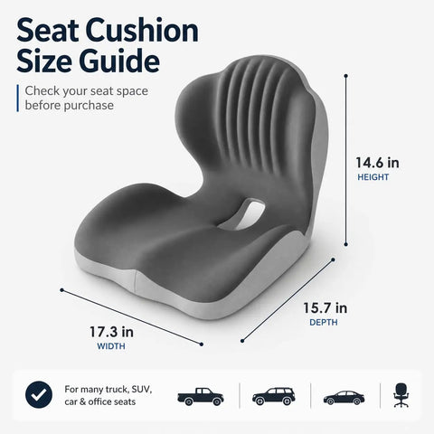 Seat cushion size guide showing dimensions 17.3in width, 15.7in depth, 14.6in height for Road Ready Memory Foam Seat Cushion For Tesla Cybertruck And Pickup Trucks With Ergonomic Lumbar Support Beat Back Fatigue Cruiser Booster Pad For Long Haul Trips And Office Desks Black.