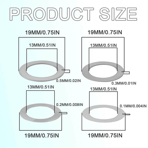 Diagram showing various thicknesses of M13 By 19mm 304 Stainless Flat Washer Shim Set 48 Pieces With Four Thicknesses.