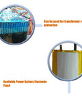 Close-up of blue and yellow electronic components with descriptions highlighting transformer relay and power battery electrode protection.