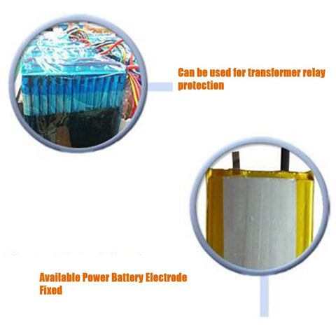 Close-up of blue and yellow electronic components with descriptions highlighting transformer relay and power battery electrode protection.