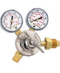 Front view of Miller 30 Series gas regulator with two gauges, chrome body and brass fittings (Argon/Nitrogen).