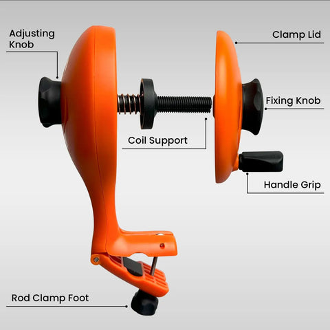 Fishing Line Winder And Reel Spooler Kit With Unwinding System, Anti Twist Spooling Station components in orange