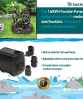 M160AUL Submersible Fountain Pump for 1 to 3 Foot Fountains with attachments, ideal for medium-sized indoor water features