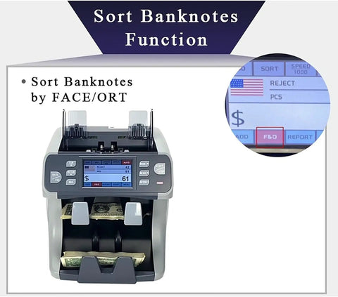 Commercial CIS Currency Counter With Touch Screen Multi Currency Detection And Serial Number Reader For Bank Use. Front view showing sorting function and display.