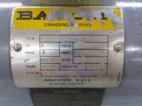 Shop Beast 12 Inch Bench Grinder Fueled by a 3 Horsepower 3 Phase Motor nameplate with voltage and RPM details.