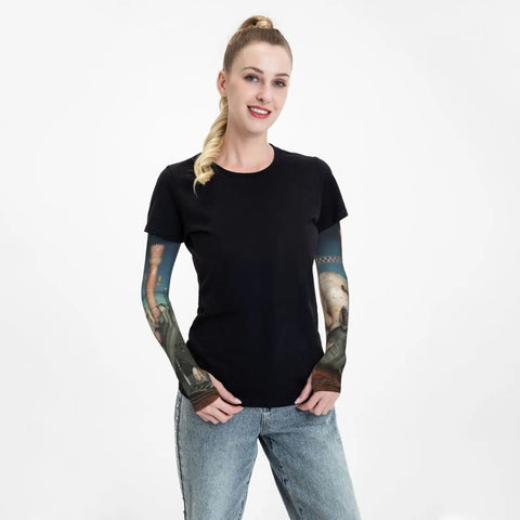 Big Time Sun Protection Arm Sleeves With Seamless Fingerless Grip And Breathable Airy Mesh worn by a woman in black t-shirt.