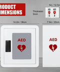 Front view of Tripolss AED wall-mount cabinet; white steel body, black handle, gray AED door, and white acrylic high-position sign.