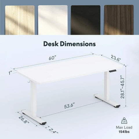 Adjustable Height Standing Desk With Raised Monitor Platform And Sleek Cable Tray For A Sick Home Office Setup That Will Keep Your Workspace Dope And Totally Clutter Free, 60 inches long, white surface, dimensions and weight limit included.