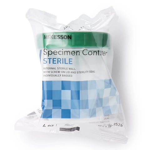 McKesson sterile specimen container, 4 oz, green screw-on lid, in clear bag