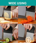 Stainless steel crinkle cutter with black handle; four-panel collage showing slicing potatoes, carrots, and cucumbers.