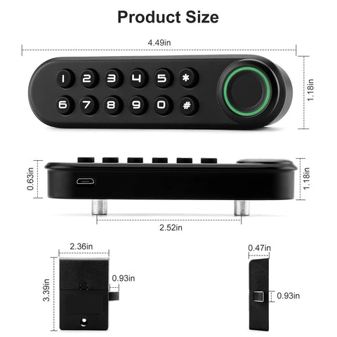 Smart Biometric Cabinet Lock With Fingerprint Password And USB Key dimensions; front view showing keypad and USB port.